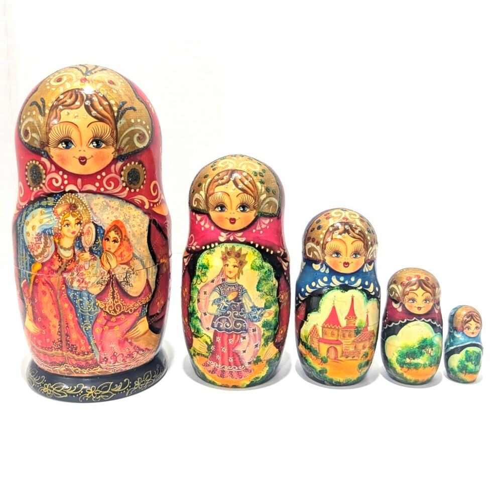 Russian Matryoshka Nesting Dolls 5pc Set Fairytale Folklore Scene Vtg READ